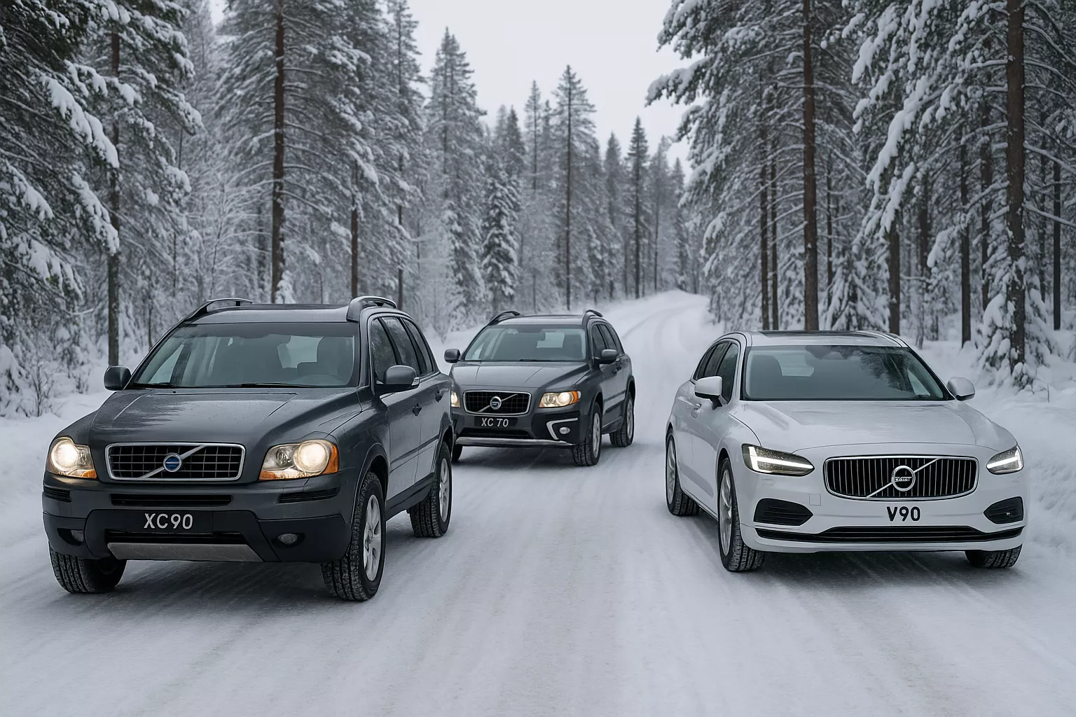 Tři vozidla Volvo projíždějí zasněženou krajinou