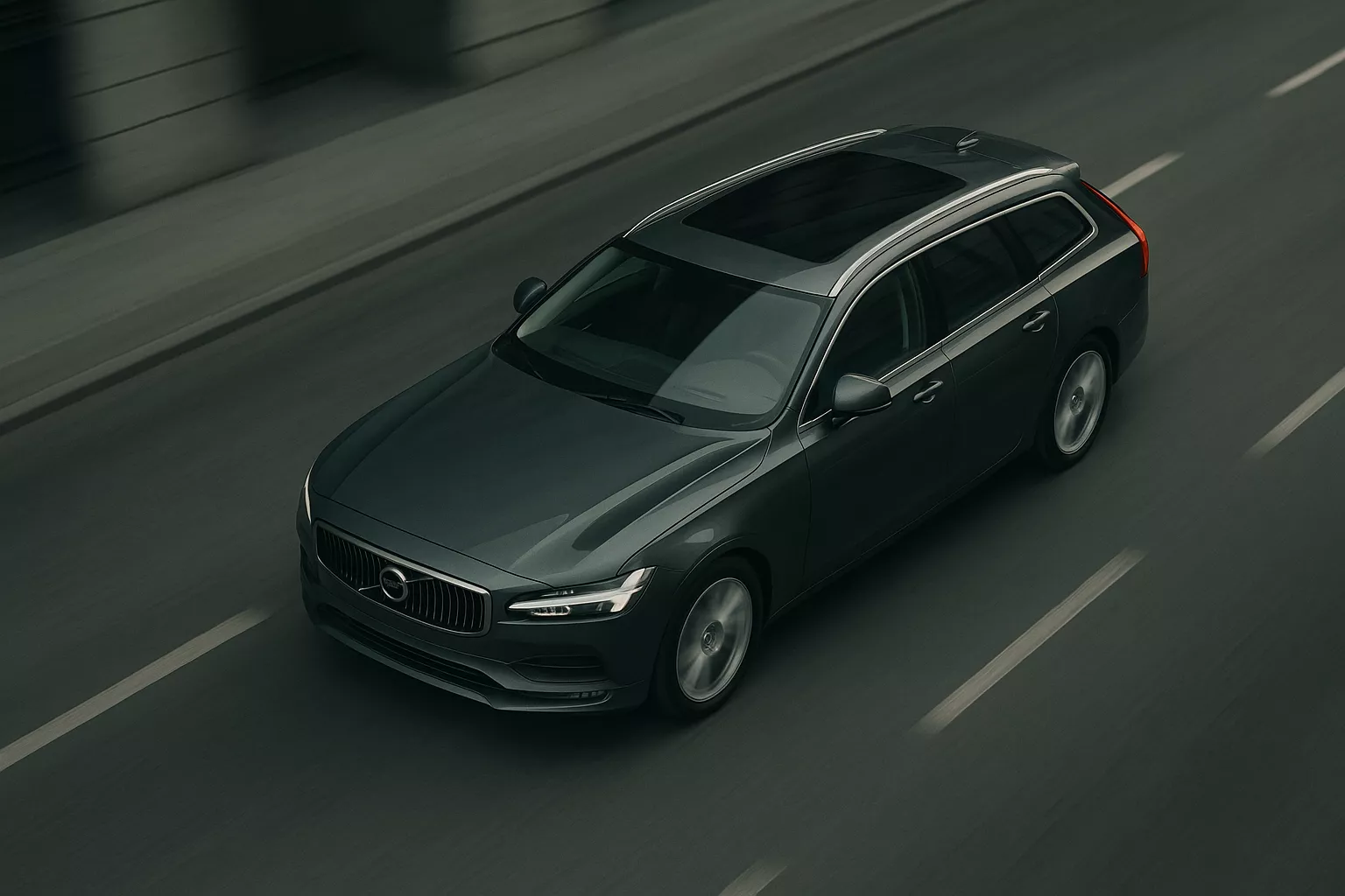 Pohled z ptačí perspektivy na jedoucí automobil Volvo