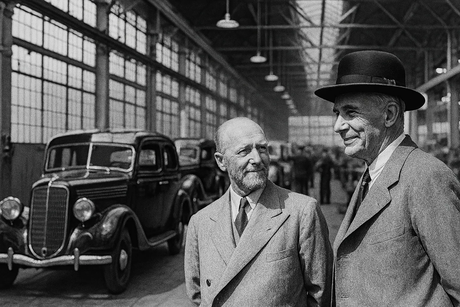 Dva staří muži stojí před výrobní linkou Volvo na historické černobílé fotografii