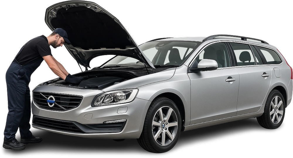 Mechanik stojí u auta při kontrole vozidla značky Volvo